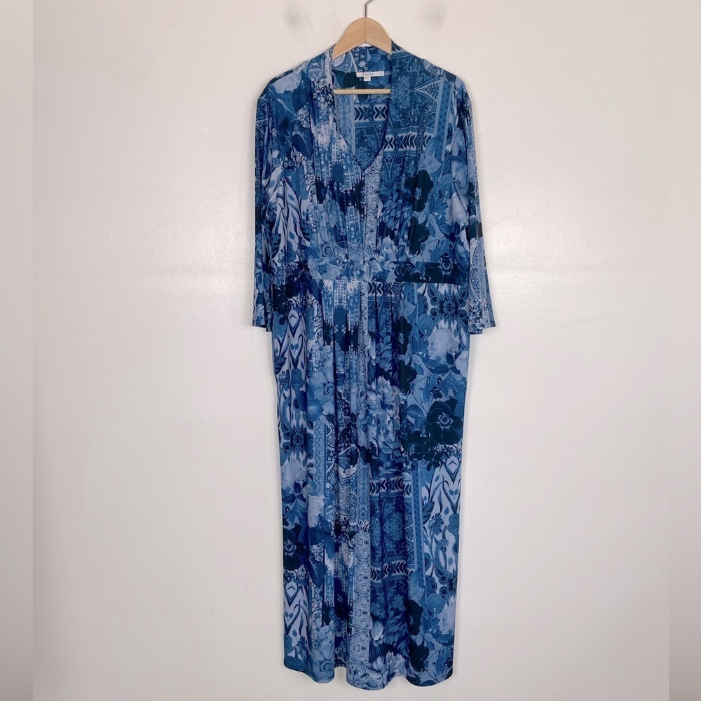 Chico's Floral Maxi Dress Size 4 US 20 Blue Liquid Knit Long Sleeve Side Pockets